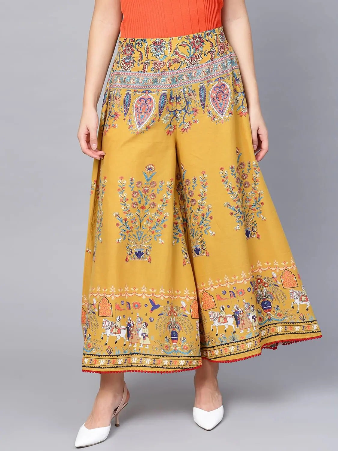 Mustard Printed Palazzo Pants | Women's Wide Leg Cotton Trousers