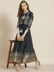 Navyblue Dull Satin Printed Anarkali Dress