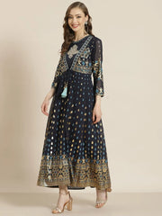 Navyblue Dull Satin Printed Anarkali Dress