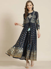 Navyblue Dull Satin Printed Anarkali Dress
