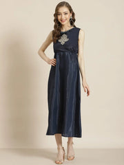 Navyblue Dull Satin Printed Anarkali Dress