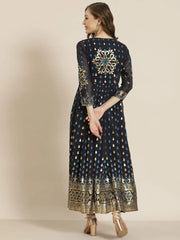 Navyblue Dull Satin Printed Anarkali Dress