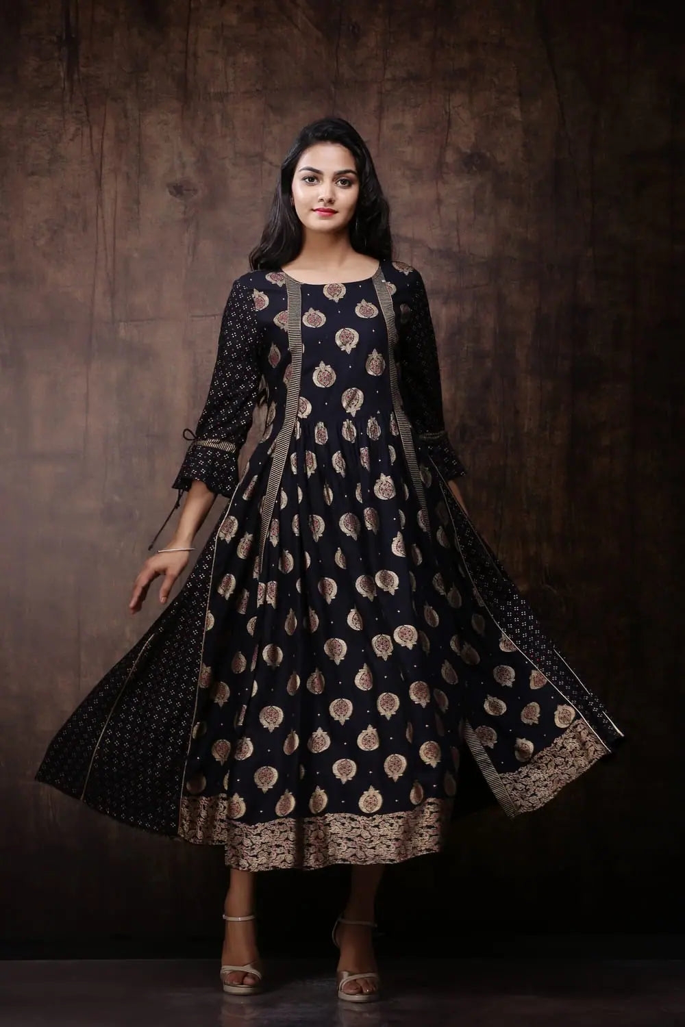 Black Rayon Printed Jacket Style Kurta Dress