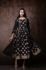 Black Rayon Printed Jacket Style Kurta Dress
