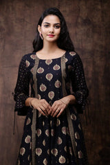 Black Rayon Printed Jacket Style Kurta Dress