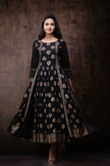 Black Rayon Printed Jacket Style Kurta Dress