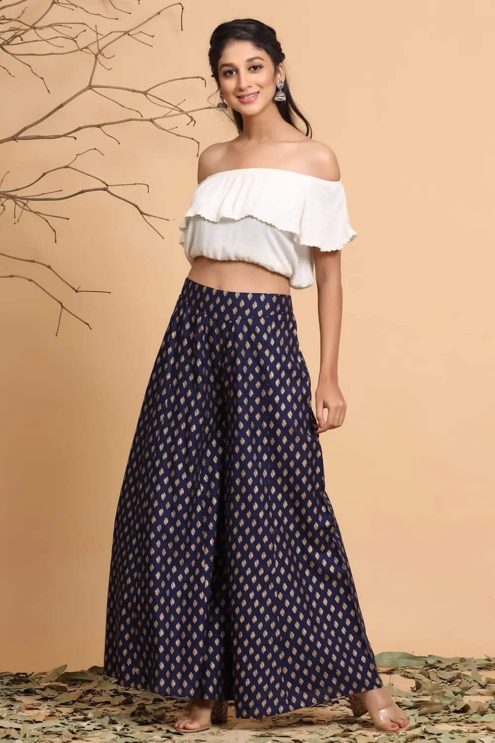 Navy Printed Flared Palazzo Pants - Women's Designer Trousers