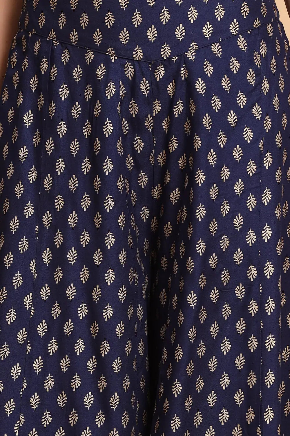 Navy Printed Flared Palazzo Pants - Women's Designer Trousers