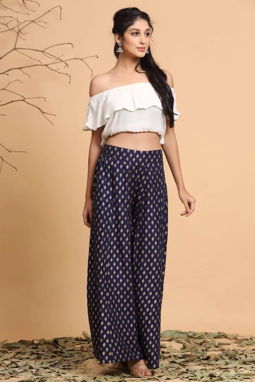 Navy Printed Flared Palazzo Pants - Women's Designer Trousers