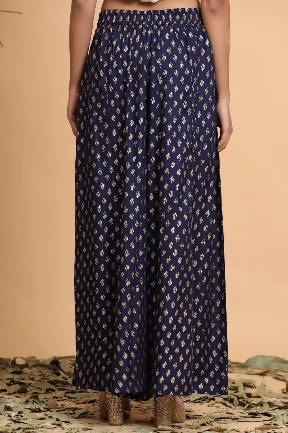 Navy Printed Flared Palazzo Pants - Women's Designer Trousers