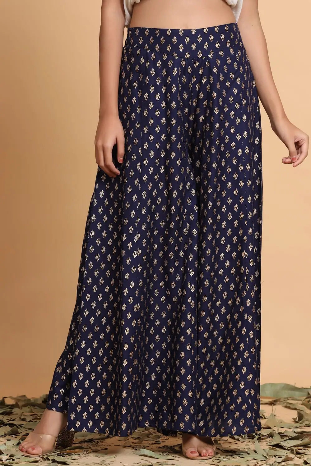Navy Printed Flared Palazzo Pants - Women's Designer Trousers