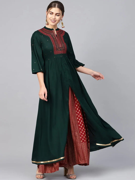 Jade Green Rayon Printed Front Slit Kurta With Printed Flared Palazzo 1125
