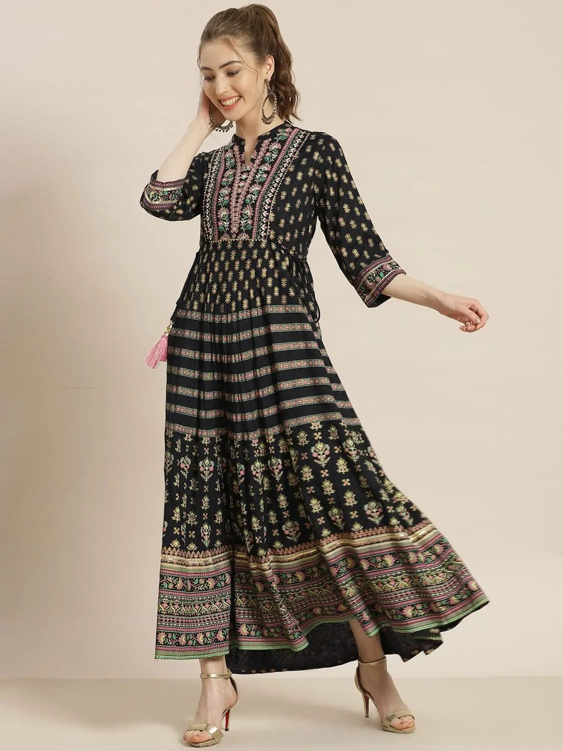 Darkblue Rayon Embroidered Flared Dress | Western Wear