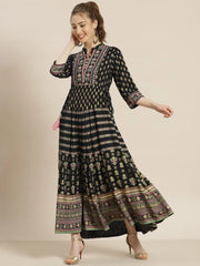 Darkblue Rayon Embroidered Flared Dress