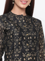 Black Chanderi Printed A-Line Kurta