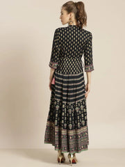 Darkblue Rayon Printed A-Line Dress