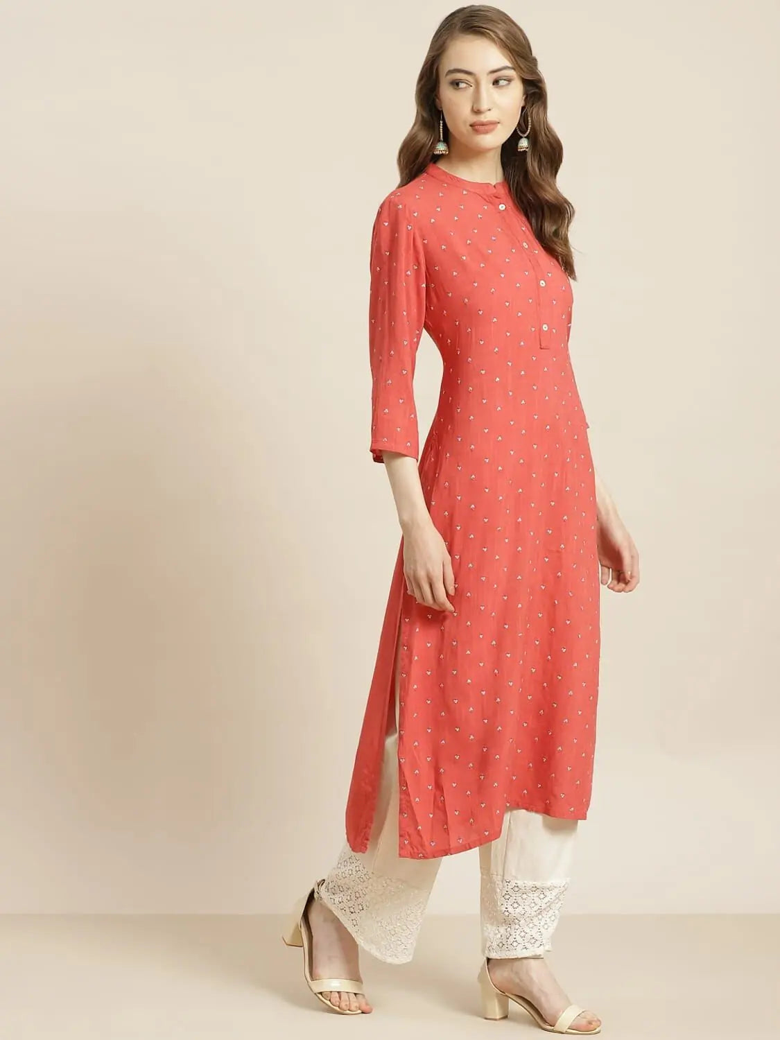 Coral Rayon Slub Embellished Straight Kurta
