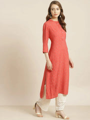 Coral Rayon Slub Embellished Straight Kurta