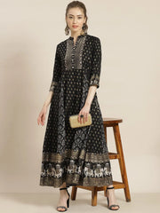 Black Rayon Printed Anarkali Dress