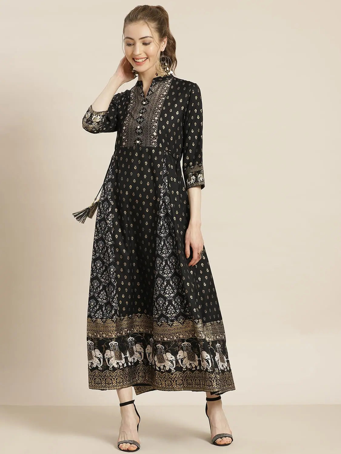 Black Rayon Printed Anarkali Dress | Women's Western Wear