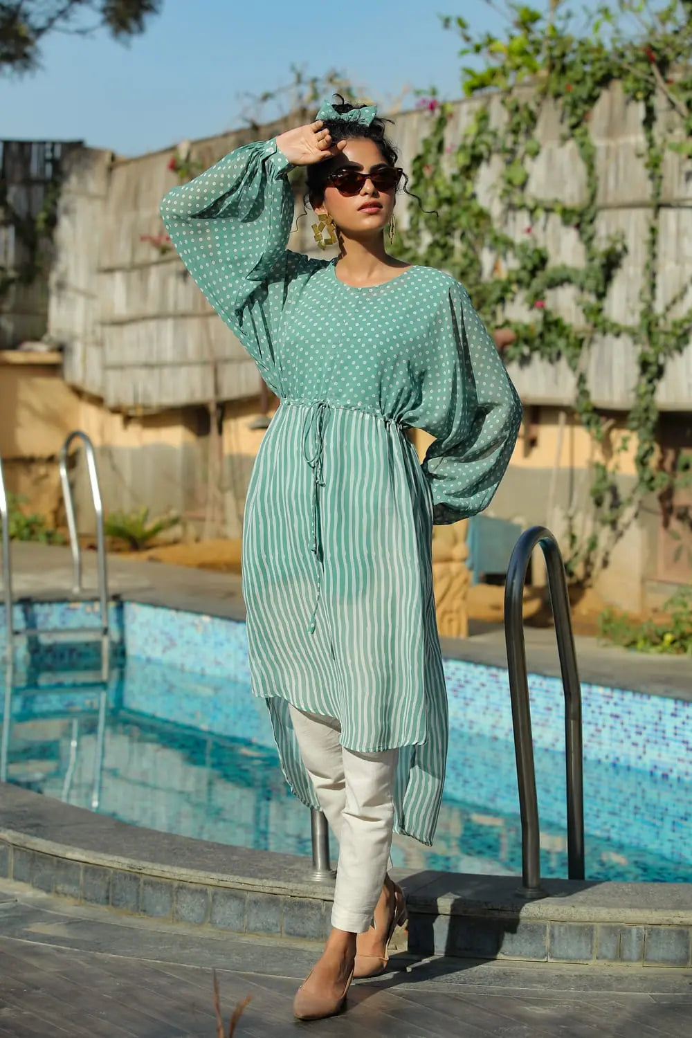 Sagegreen Alphin Chiffon Flared Printed Dress With Tie-up Blet
