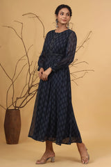 Navy Alphin Chiffon Flared Printed Dress With Tie-up Blet