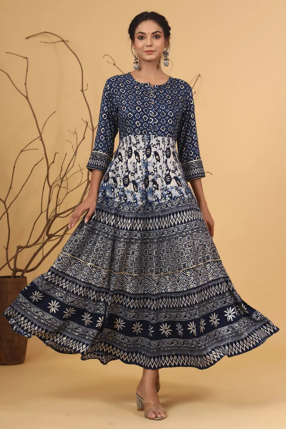 Blue Rayon Printed Flared Dress