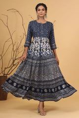 Blue Rayon Printed Flared Dress