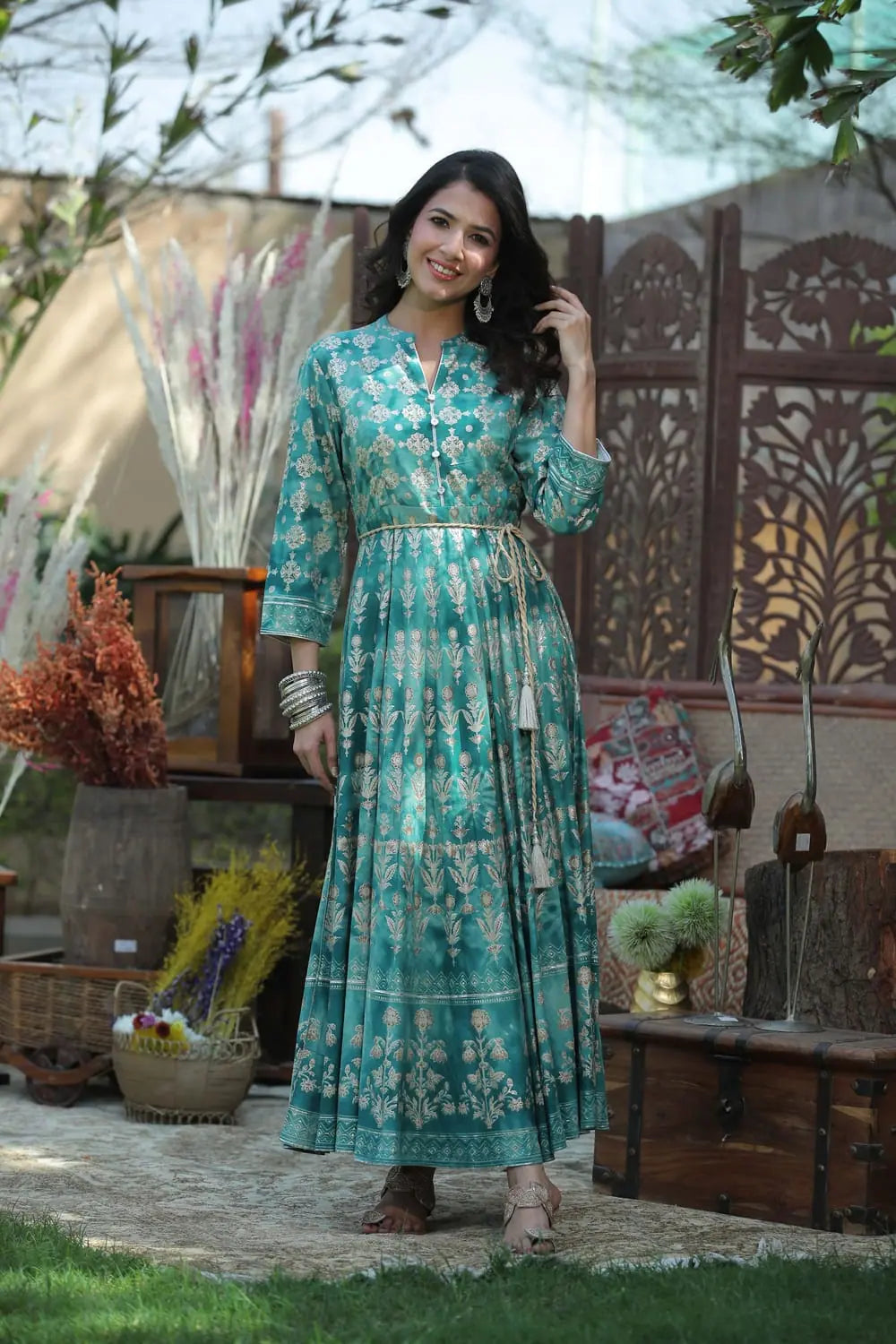 Teal Flared Dress - Women's Western Wear Floral Rayon Teal Flared Dress - Women's Western Wear Floral Rayon