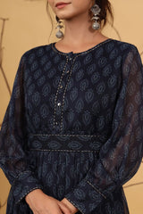 Navy Chiffon Flared Printed Dress With Tie-up Blet