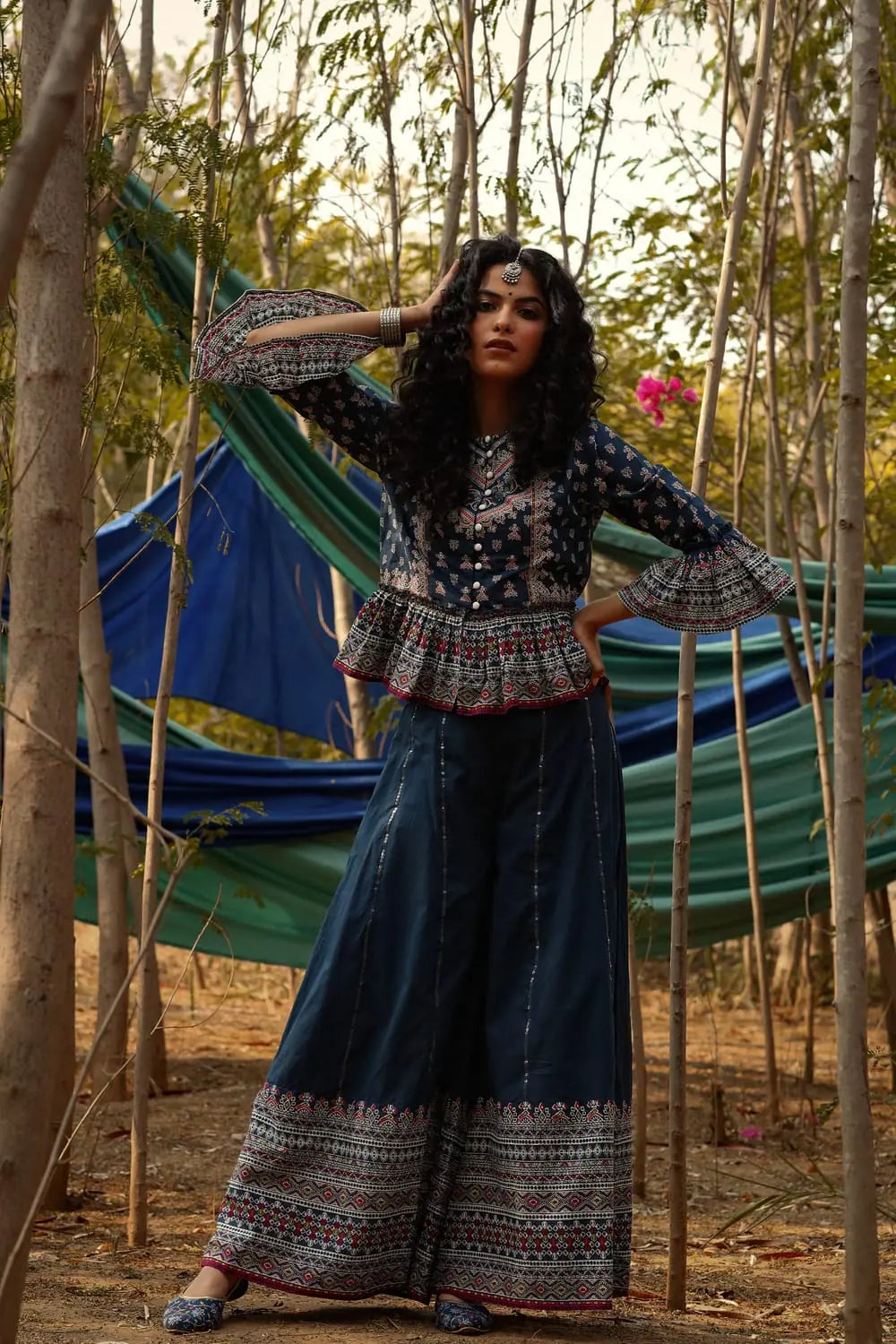 Indigo Floral Crop-Top Palazzo Set | Indian Suits for Women