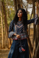 Indigo Cambric Floral Print Crop-Top Palazzo Set With Rubber-Band