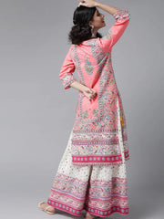 Coral Cambric Floral Print Straight Kurta Palazzo Set