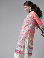 Coral Cambric Floral Print Straight Kurta Palazzo Set