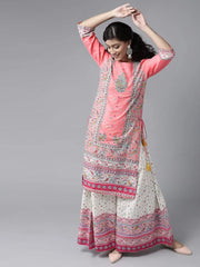 Coral Cambric Floral Print Straight Kurta Palazzo Set