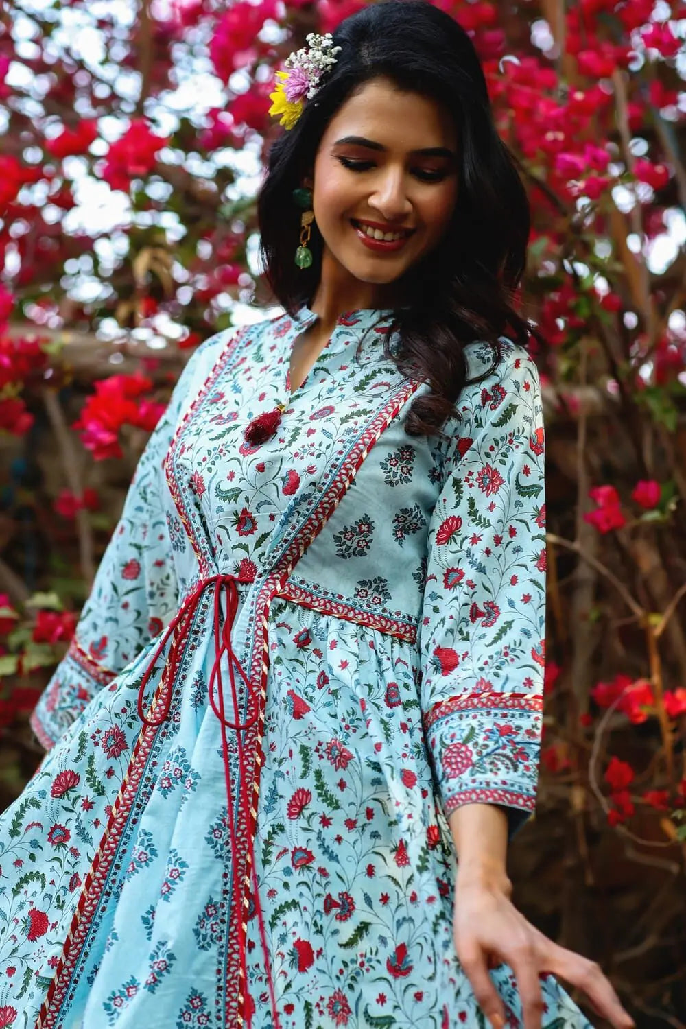 Blue Floral Indian Kurta - Cambric Cotton Kurta for Women