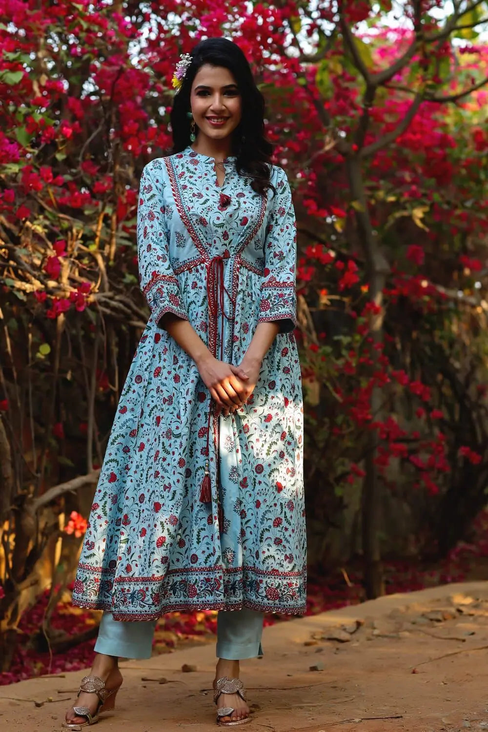 Blue Floral Indian Kurta - Cambric Cotton Kurta for Women