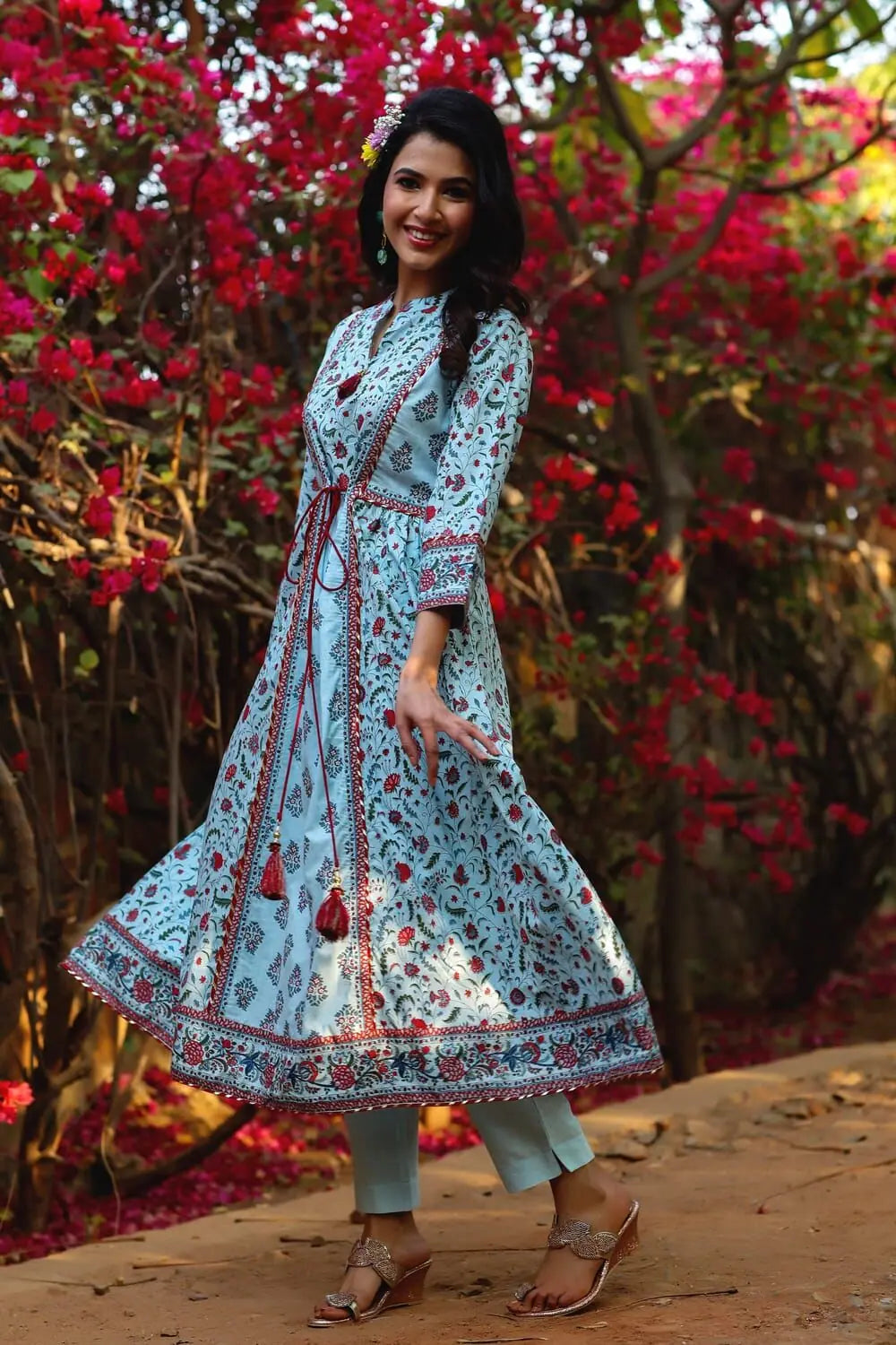 Blue Floral Indian Kurta - Cambric Cotton Kurta for Women