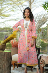 Coral Cambric & Rayon Printed Jacket Style Kurta Pant Set