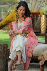 Coral Cambric & Rayon Printed Jacket Style Kurta Pant Set