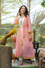 Coral Cambric & Rayon Printed Jacket Style Kurta Pant Set