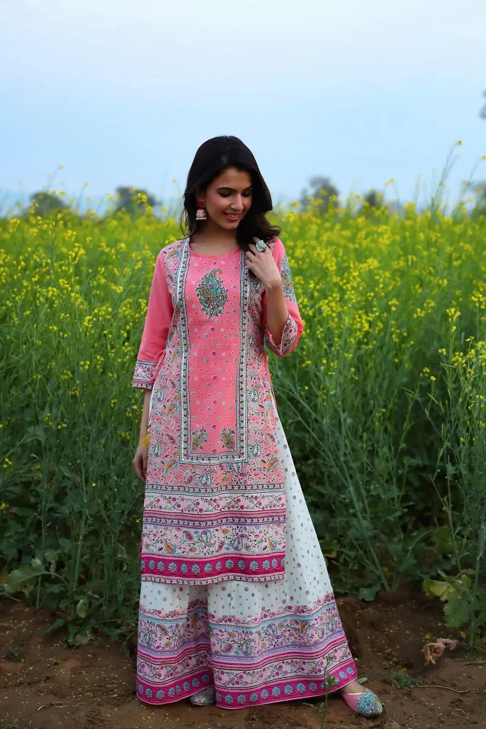 Coral Cotton Kurta Palazzo Dupatta Set - Printed Ethnic Wear