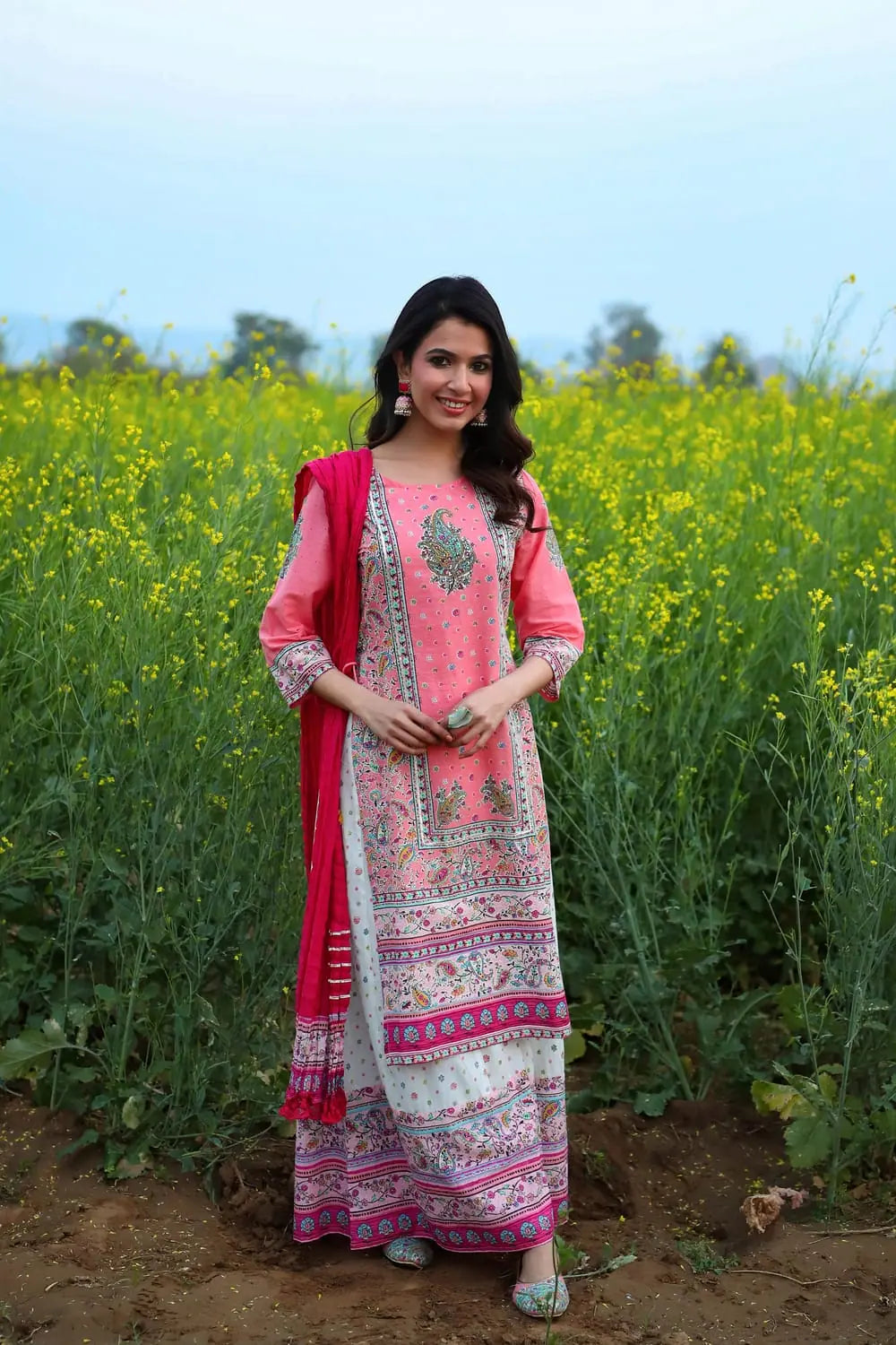 Coral Cotton Kurta Palazzo Dupatta Set - Printed Ethnic Wear