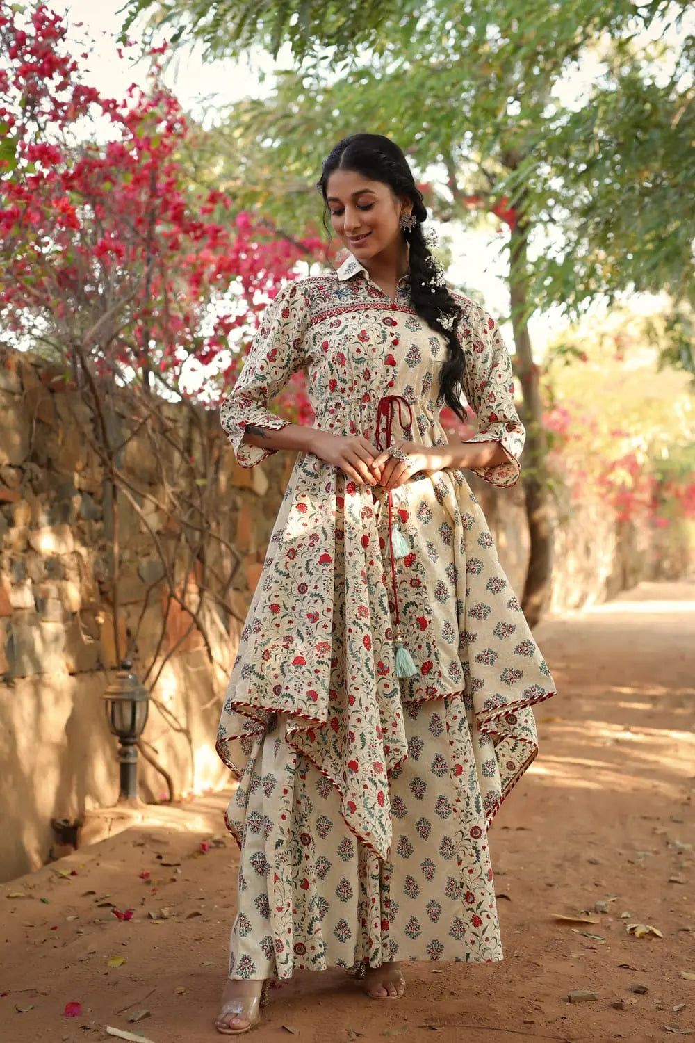 Beige Cotton Printed Tunic Palazzo Set - Asymmetric Kurta Design