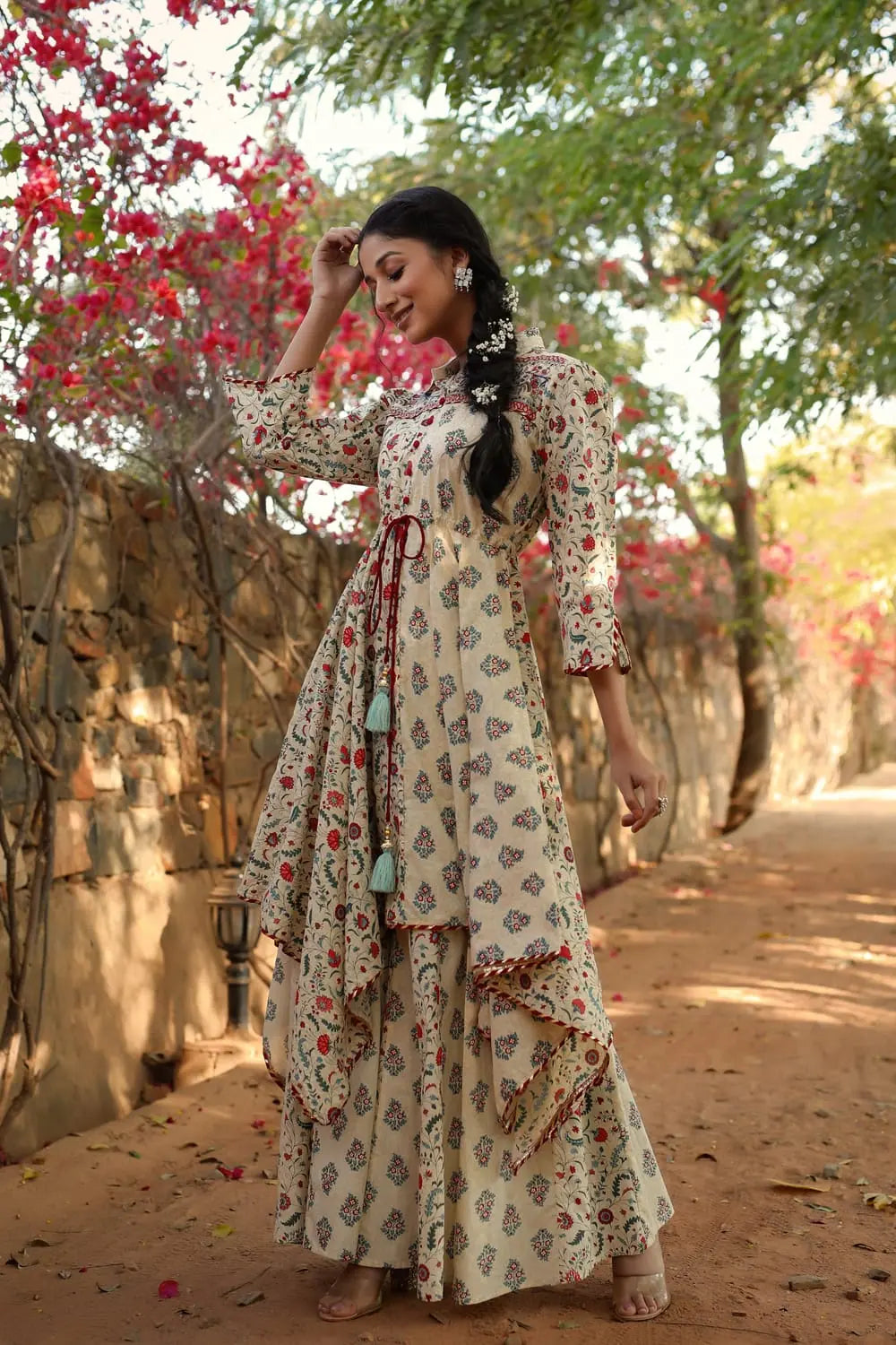 Beige Cotton Printed Tunic Palazzo Set - Asymmetric Kurta Design