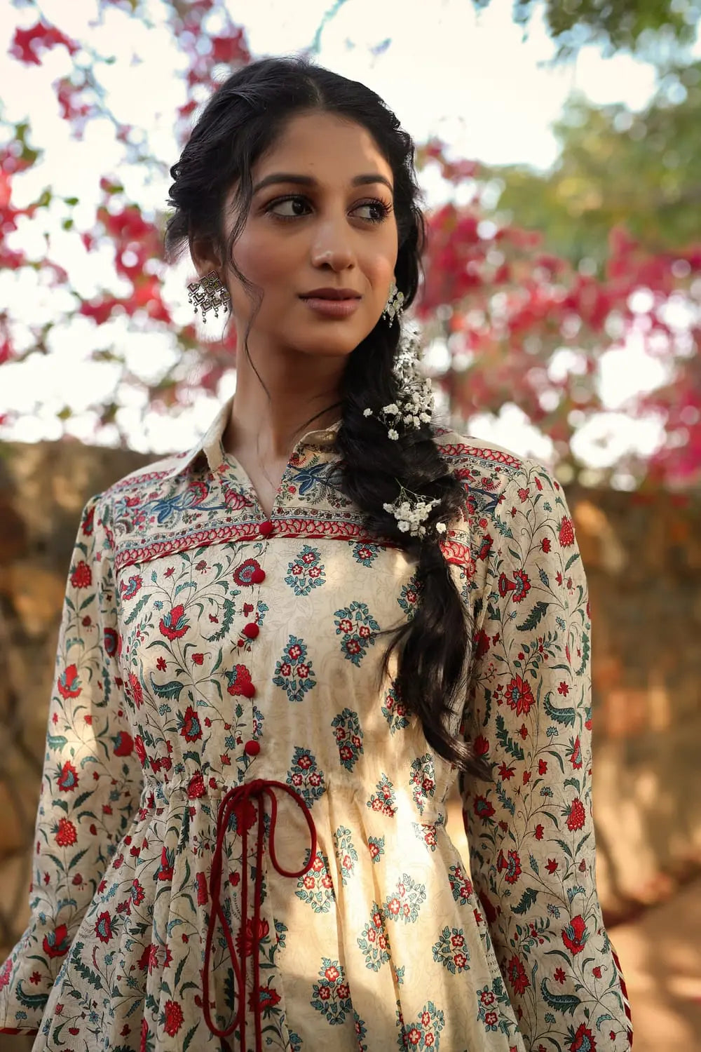 Beige Cotton Printed Tunic Palazzo Set - Asymmetric Kurta Design