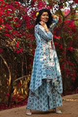 Blue Cambric Printed Asymmetric Tunic Palazzo Set