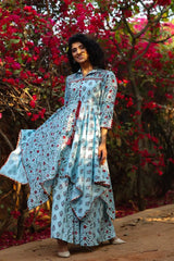 Blue Cambric Printed Asymmetric Tunic Palazzo Set
