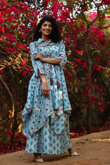 Blue Cambric Printed Asymmetric Tunic Palazzo Set