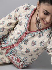 Beige Cambric Floral Print Top Skirt Set With Rubber-Band